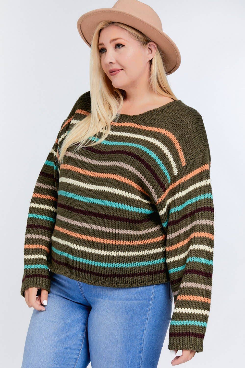 STRIPE ROUND NECK LONG SLEEVE KNIT SWEATER