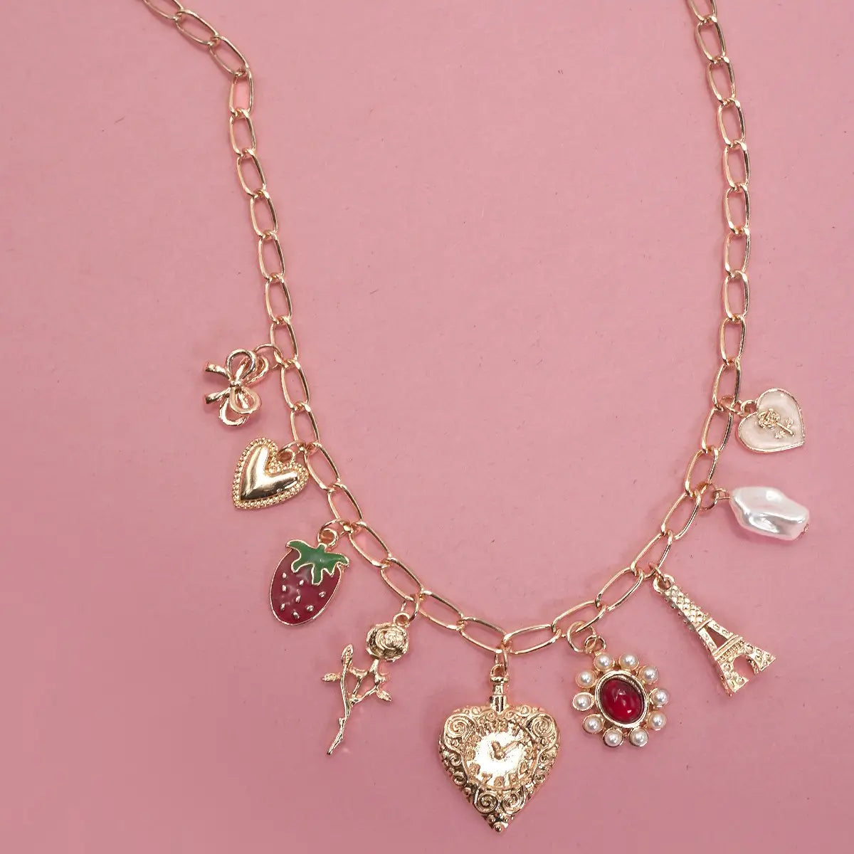 Charm Necklace Heart Bow Rose Strawberry Eiffel