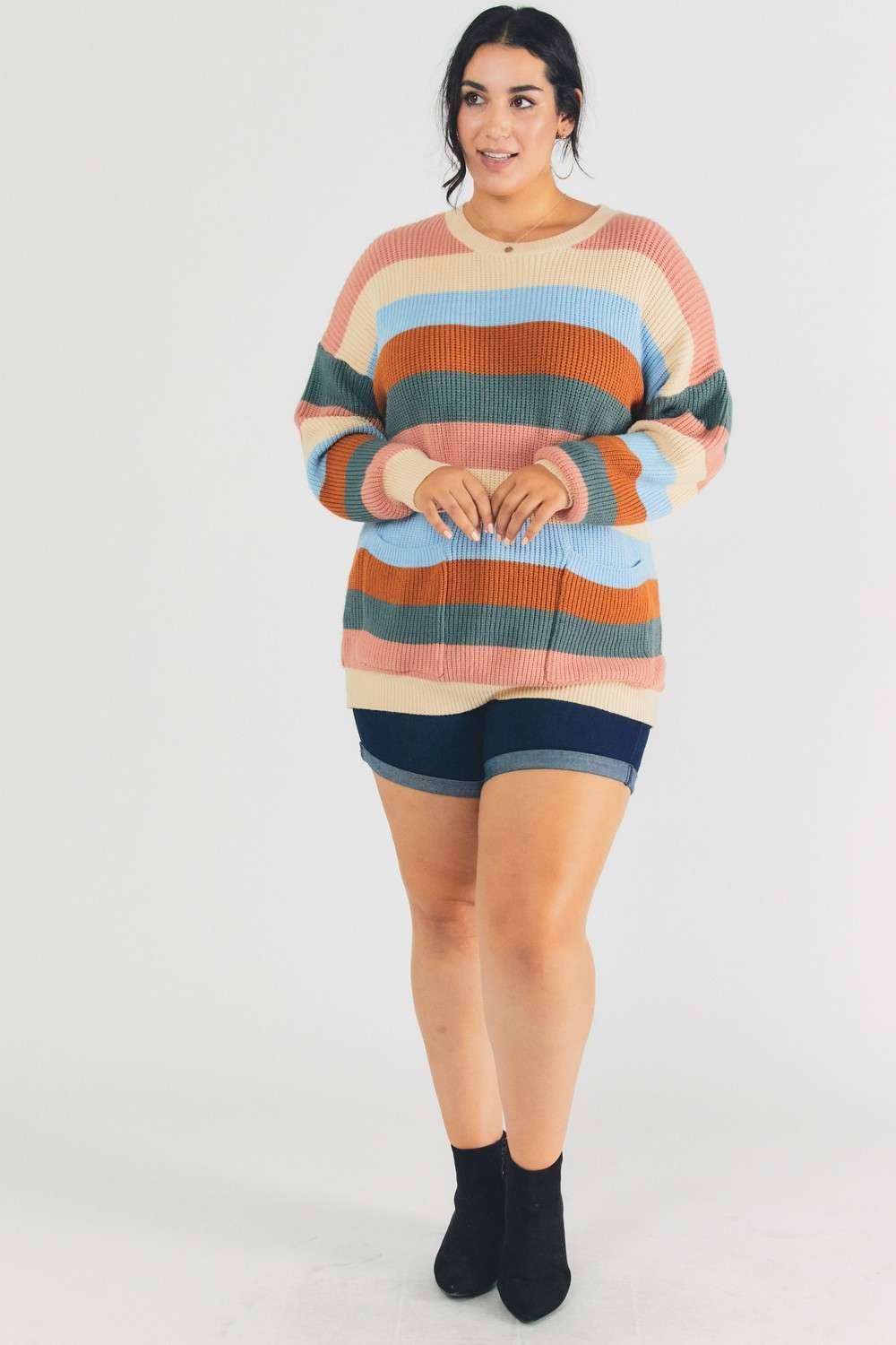 MULTI STRIPE ROUND NECK LONG SLEEVE SWEATER