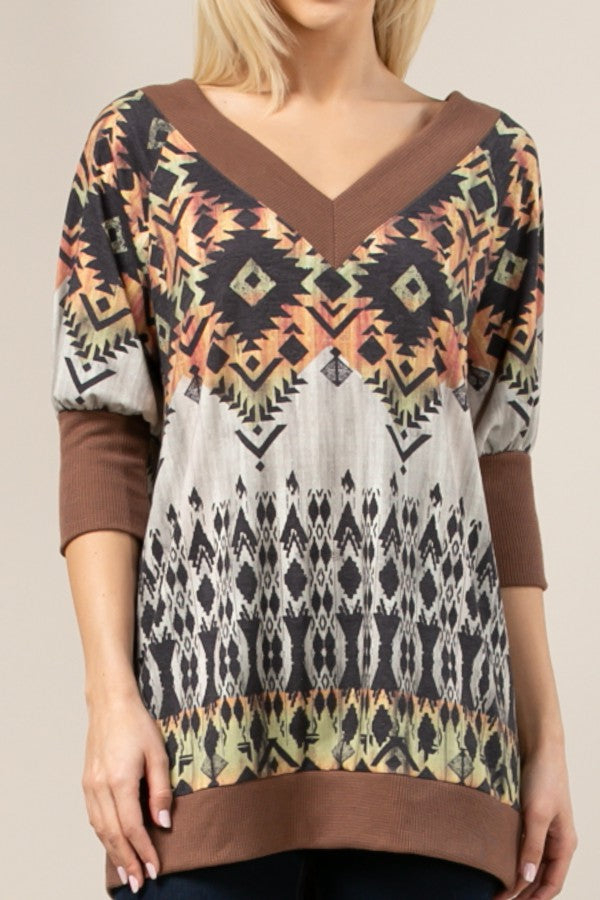 Aztec Print Color Block V Neck Top