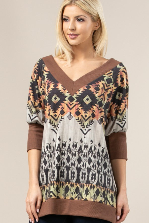 Aztec Print Color Block V Neck Top