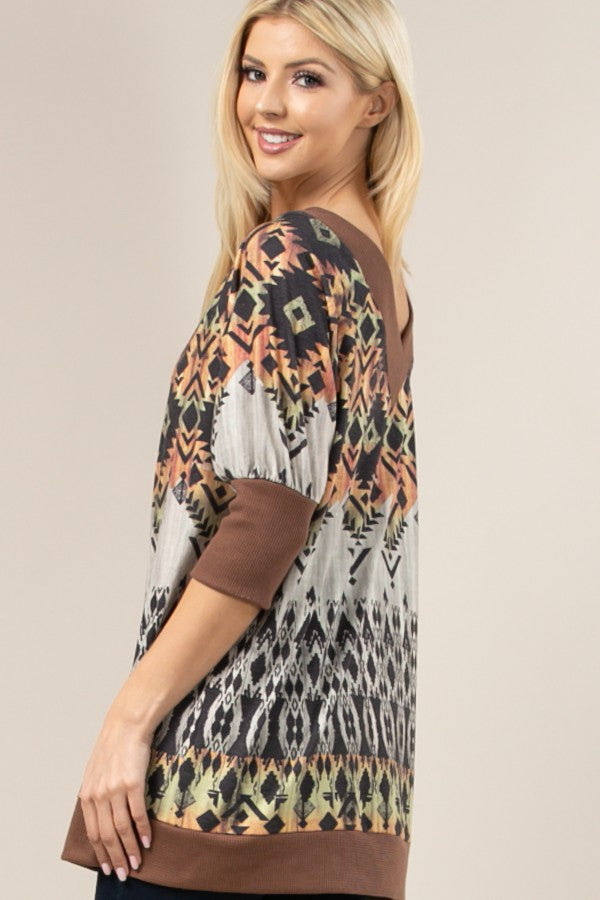 Aztec Print Color Block V Neck Top