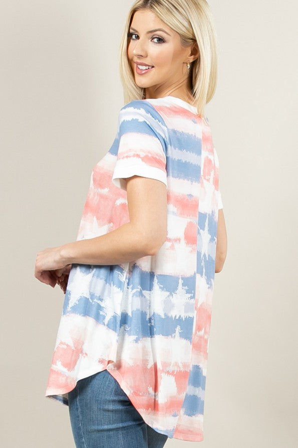 American Flag Print V Neck Top