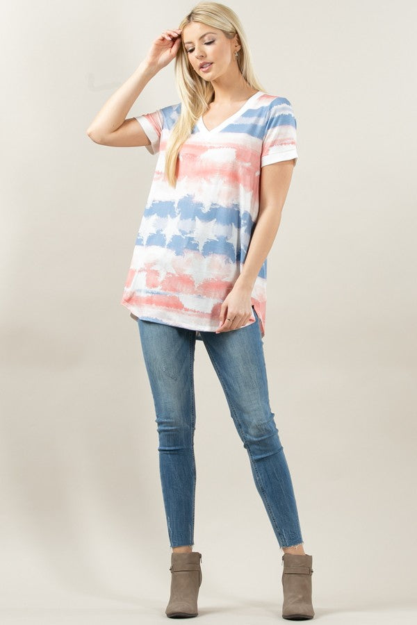 American Flag Print V Neck Top