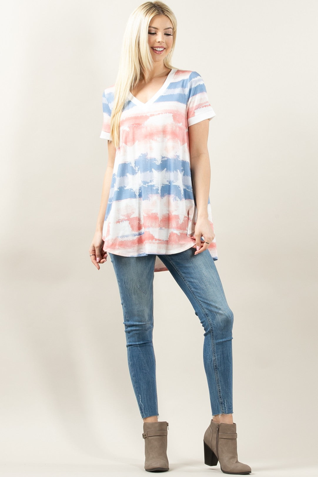 American Flag Print V Neck Top