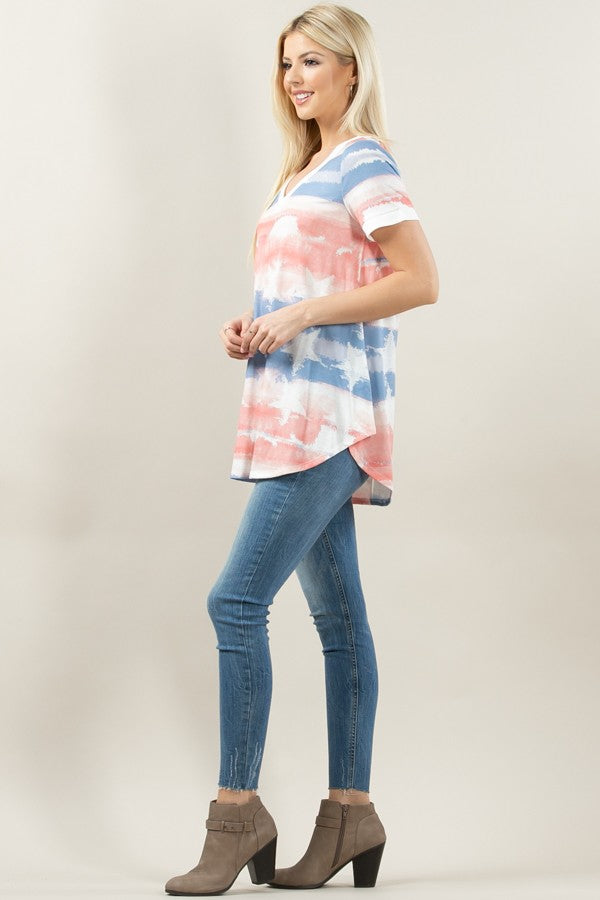 American Flag Print V Neck Top