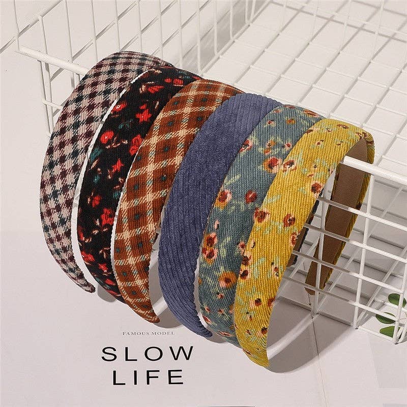 Retro Corduroy Floral Print Plaid Headband