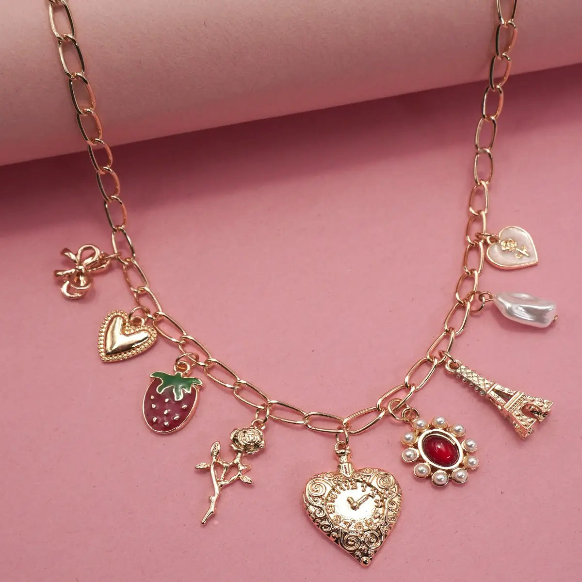 Charm Necklace Heart Bow Rose Strawberry Eiffel