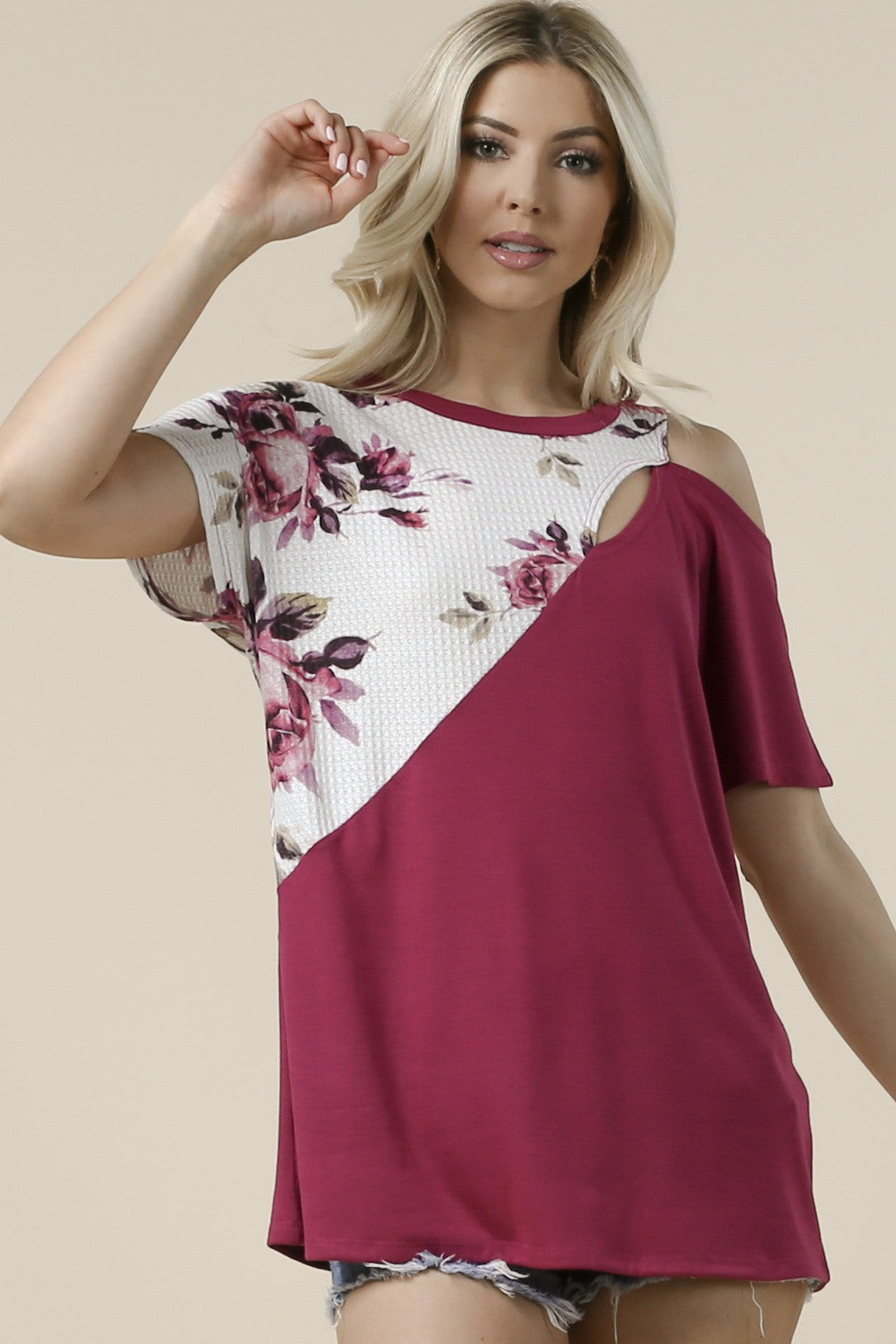 Floral Cut Out Color Block Top