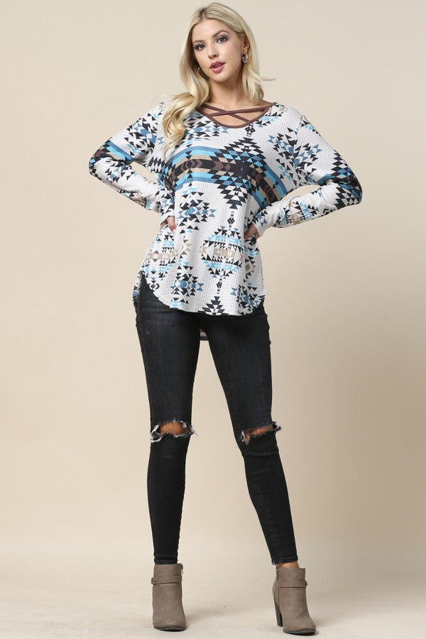 Aztec Print V Neck Waffle Top