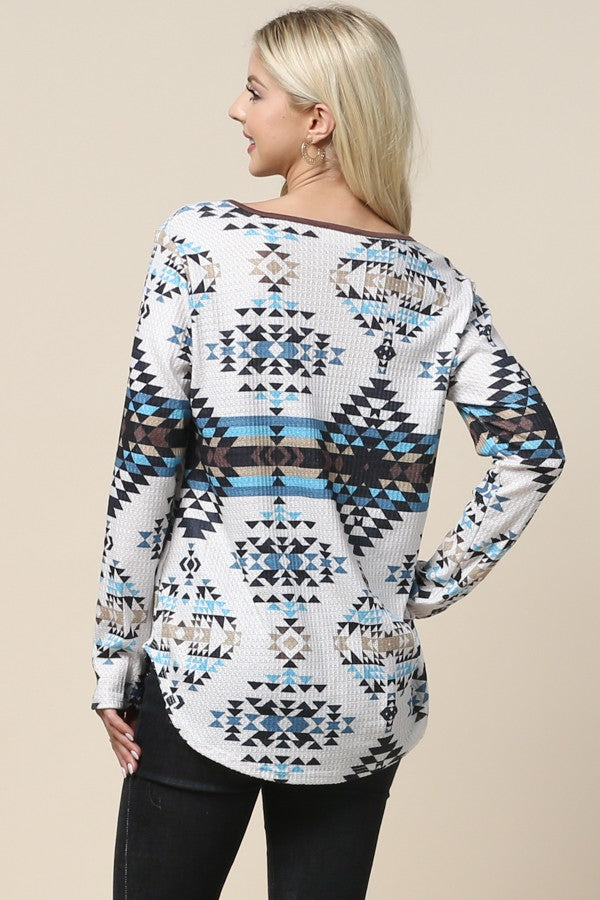 Aztec Print V Neck Waffle Top