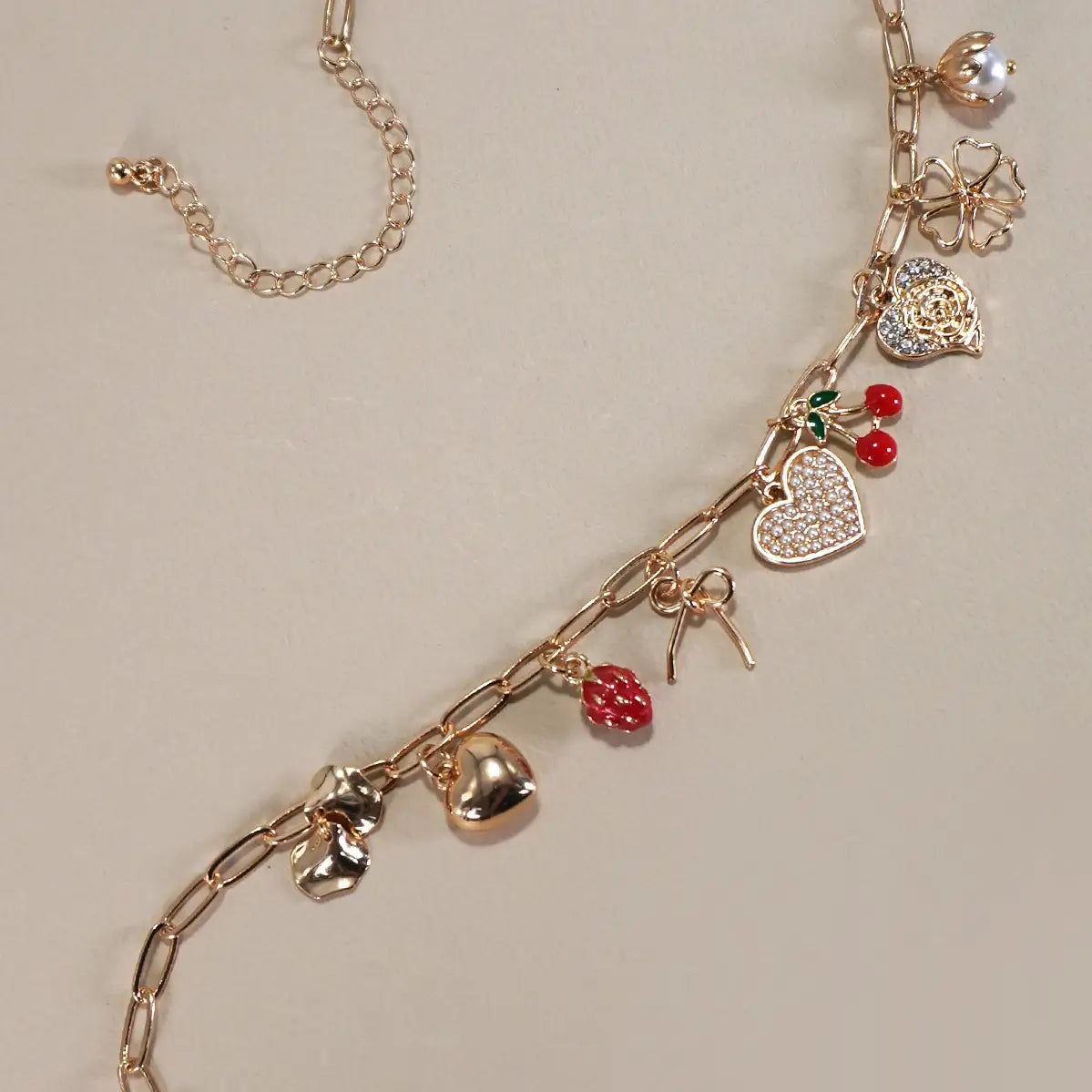Multi Charm Bow Cherry Heart Necklace