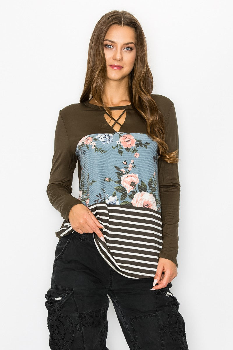 Front Keyhole Floral Striped Top