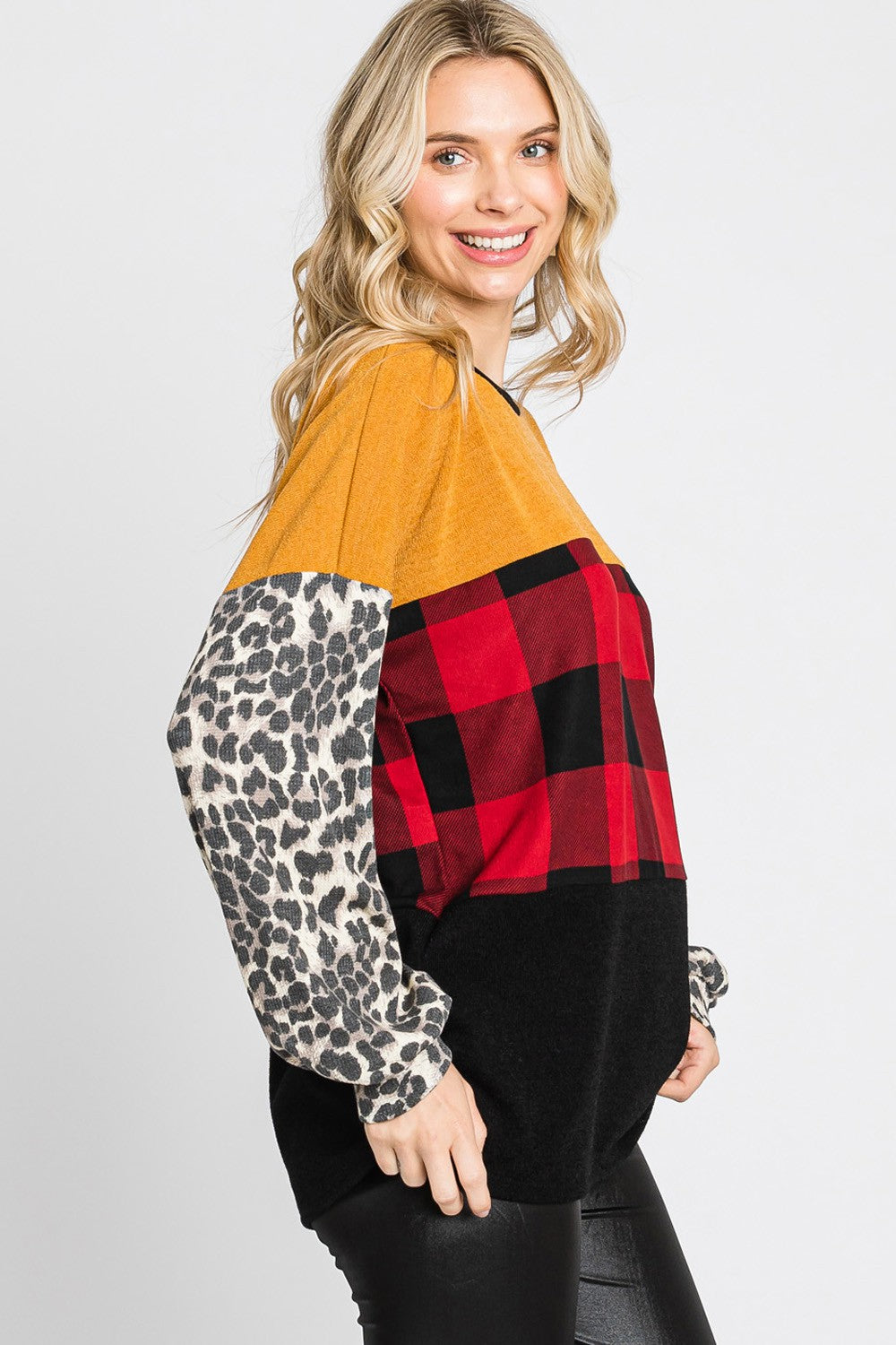 Mustard Plaid & Leopard Puff Sleeve Top