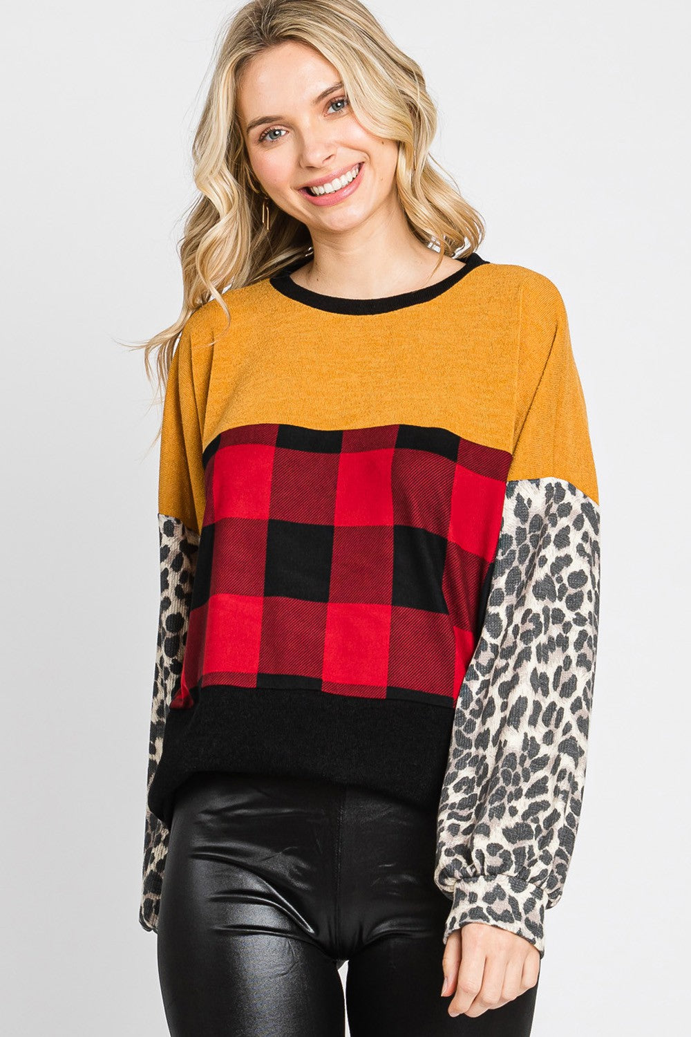 Mustard Plaid & Leopard Puff Sleeve Top