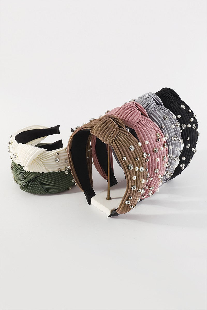 Pleated Fabric Crystal & Pearl Knotted Headband