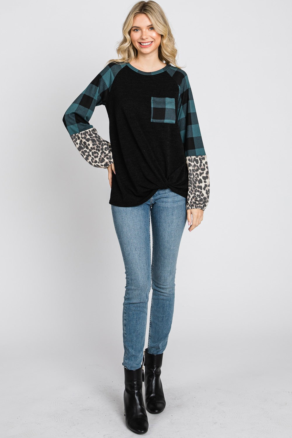 Plaid & Leopard Print Color Block Top