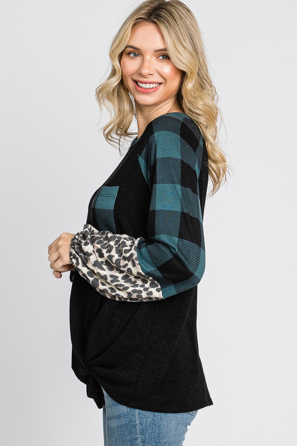 Plaid & Leopard Print Color Block Top