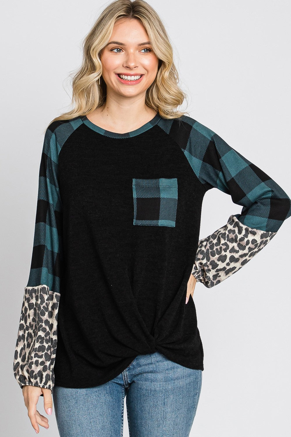 Plaid & Leopard Print Color Block Top