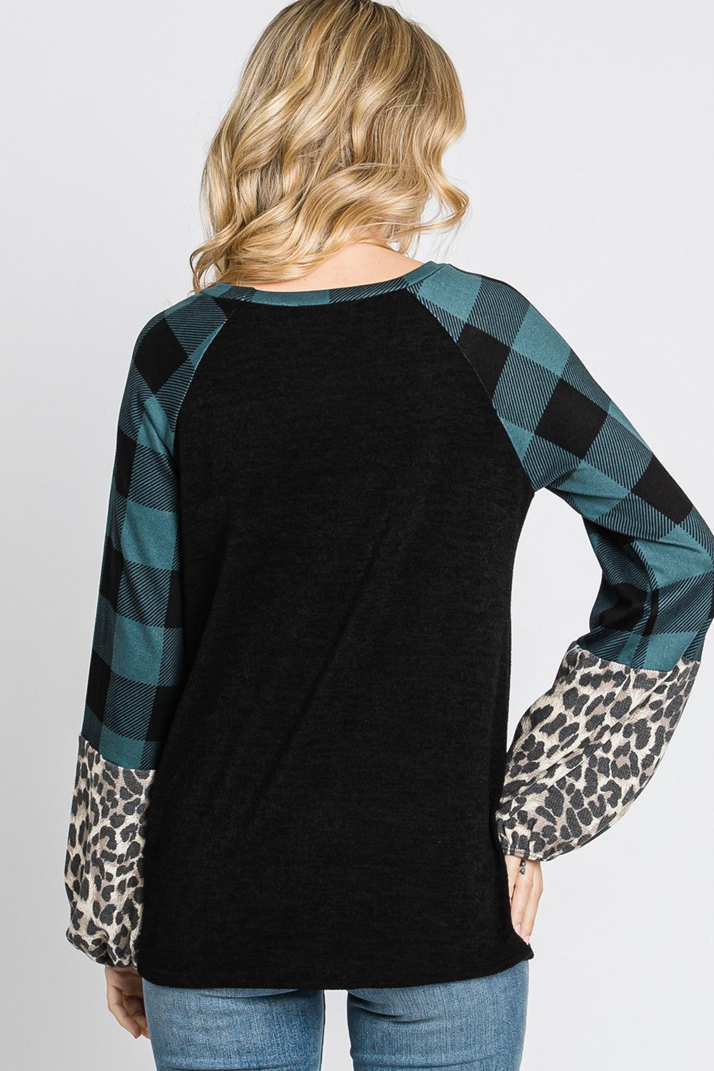 Plaid & Leopard Print Color Block Top