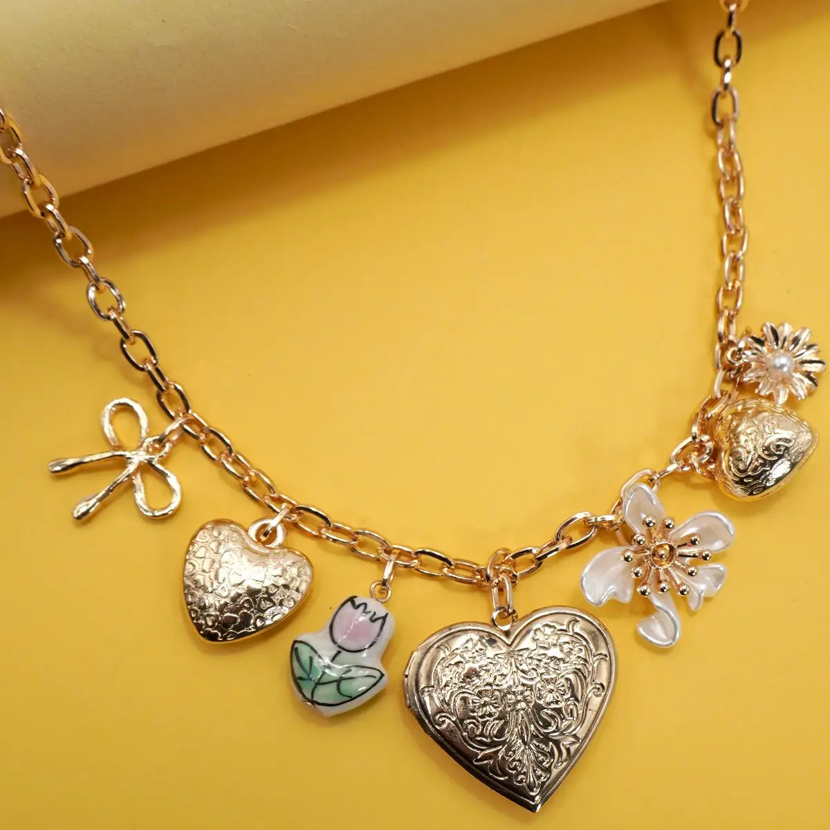 Charm Necklace Heart Locket Porcelain Flower Bow