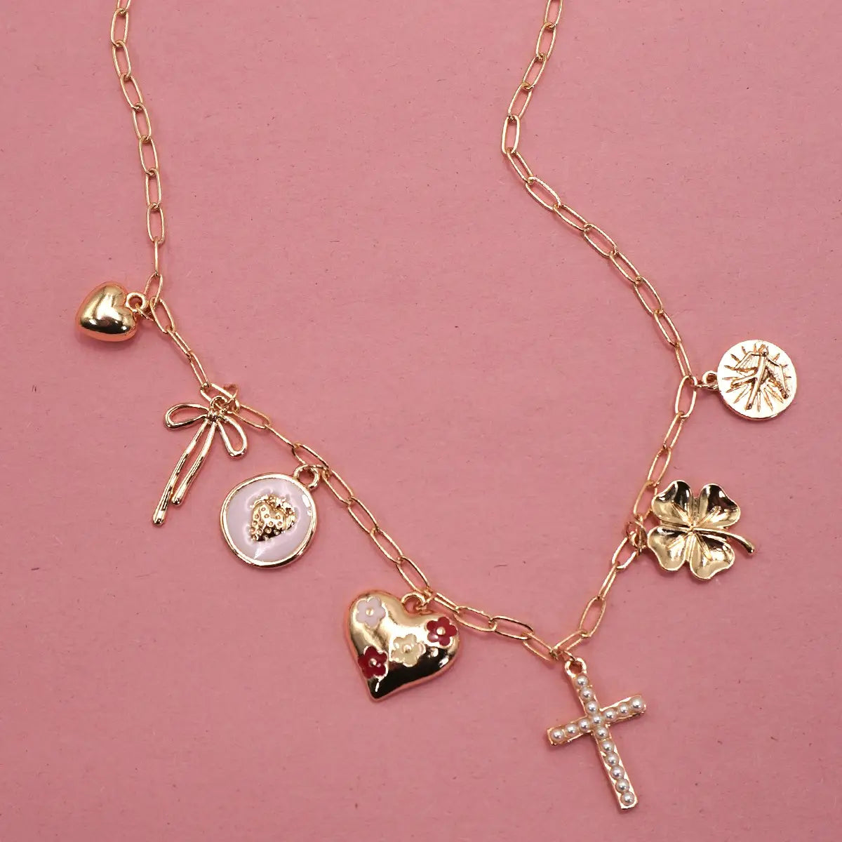 Charm Necklace Cross Clover Heart Bow