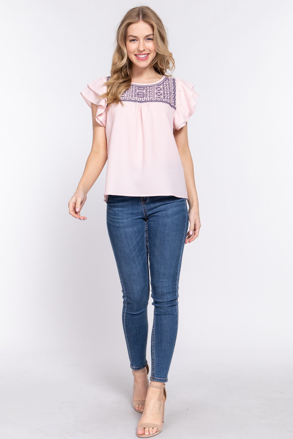 Short Ruffle Sleeve With Embroidered Top