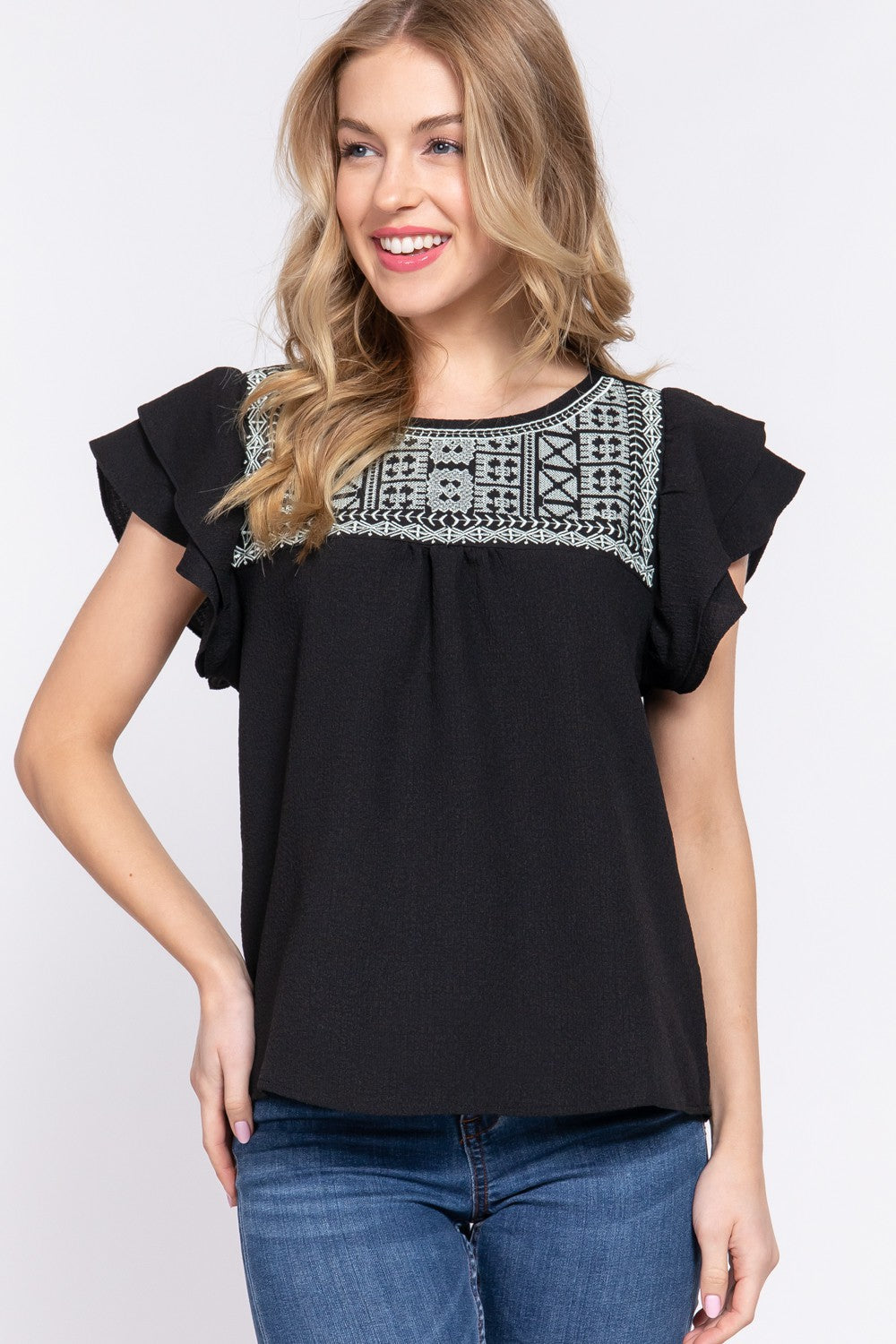 Short Ruffle Sleeve With Embroidered Top