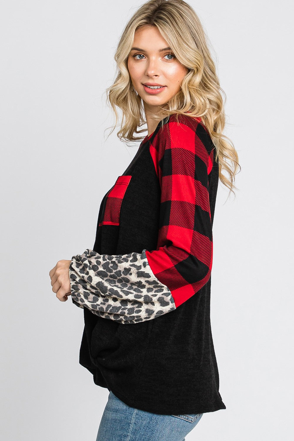 Plaid & Leopard Print Color Block Top