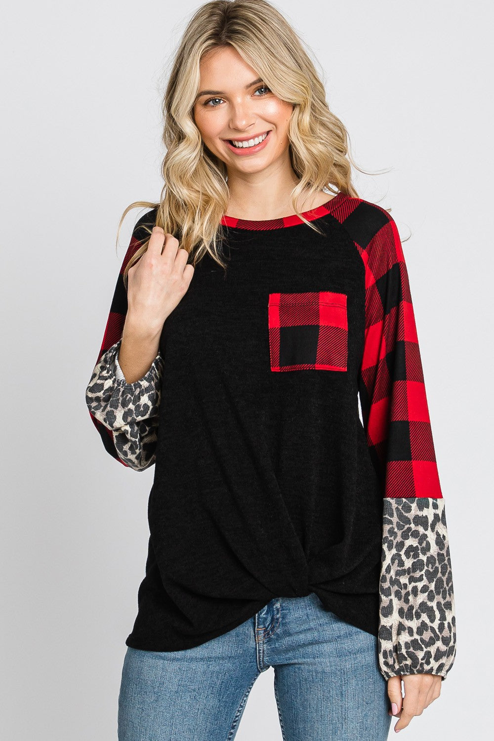 Plaid & Leopard Print Color Block Top