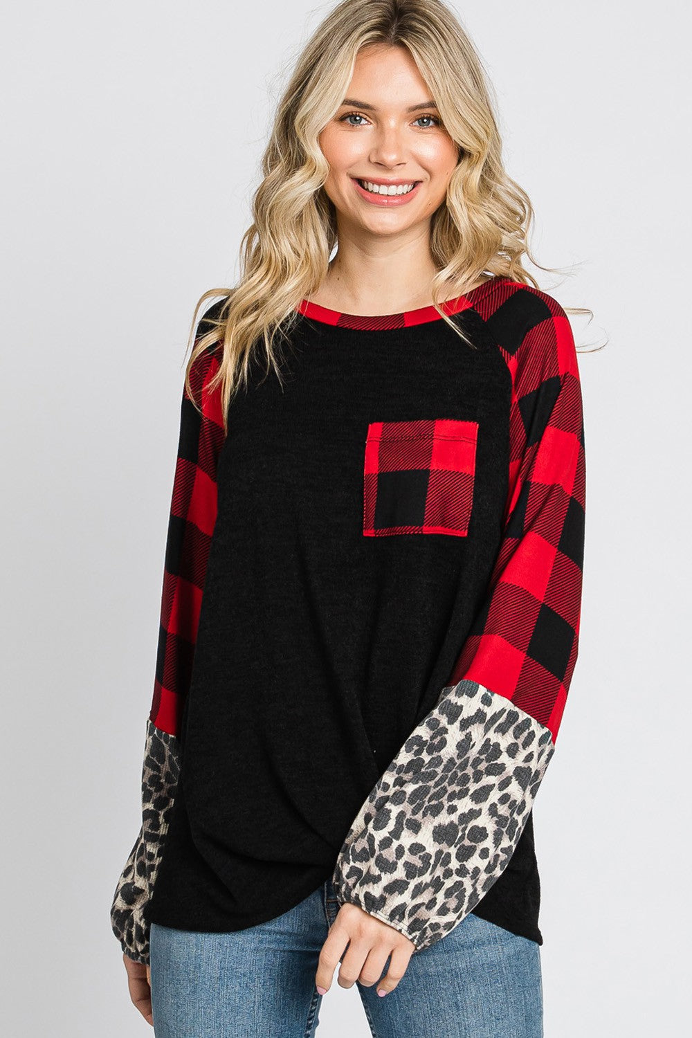 Plaid & Leopard Print Color Block Top