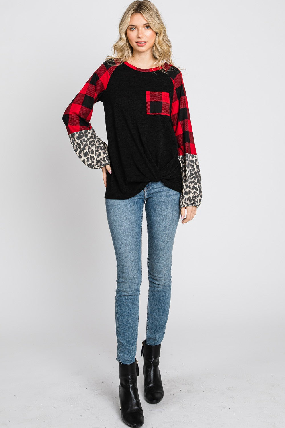 Plaid & Leopard Print Color Block Top