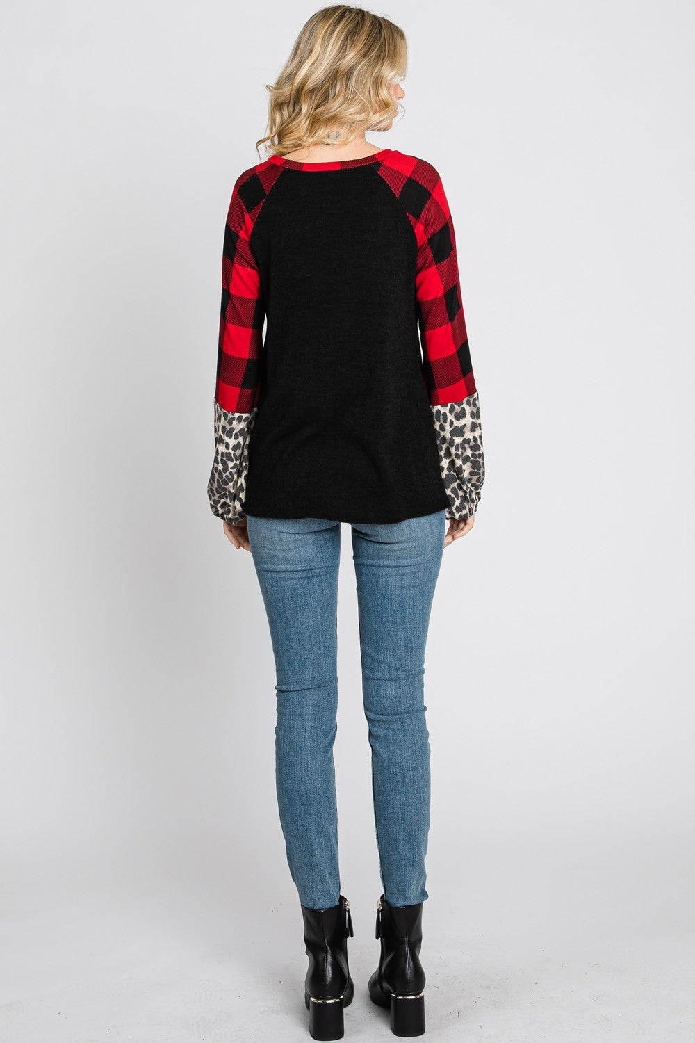 Plaid & Leopard Print Color Block Top