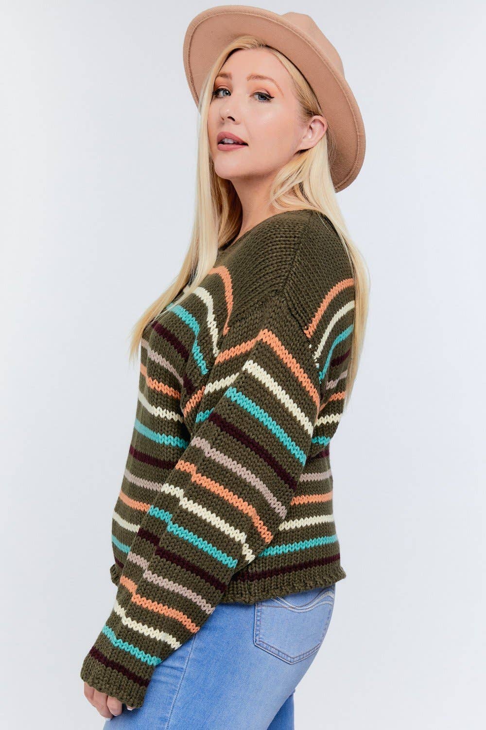 STRIPE ROUND NECK LONG SLEEVE KNIT SWEATER