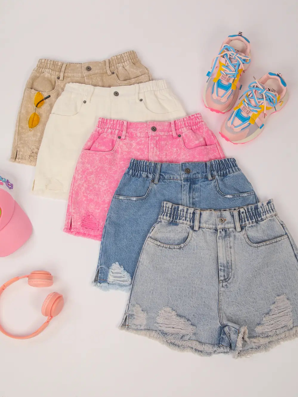 High Waist Distressed Washed Denim Shorts