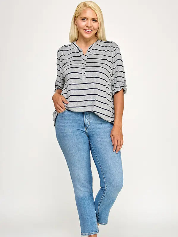 Striped Henley with Rolled Sleeve