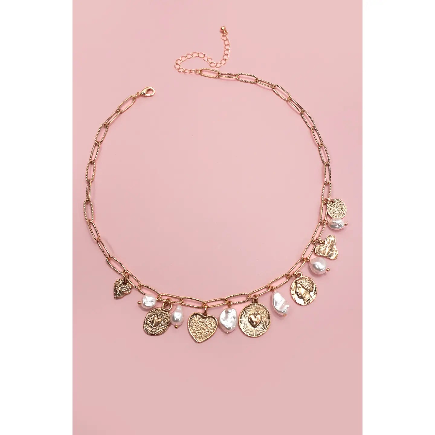 Charm Necklace Heart Pearl Coin Charms