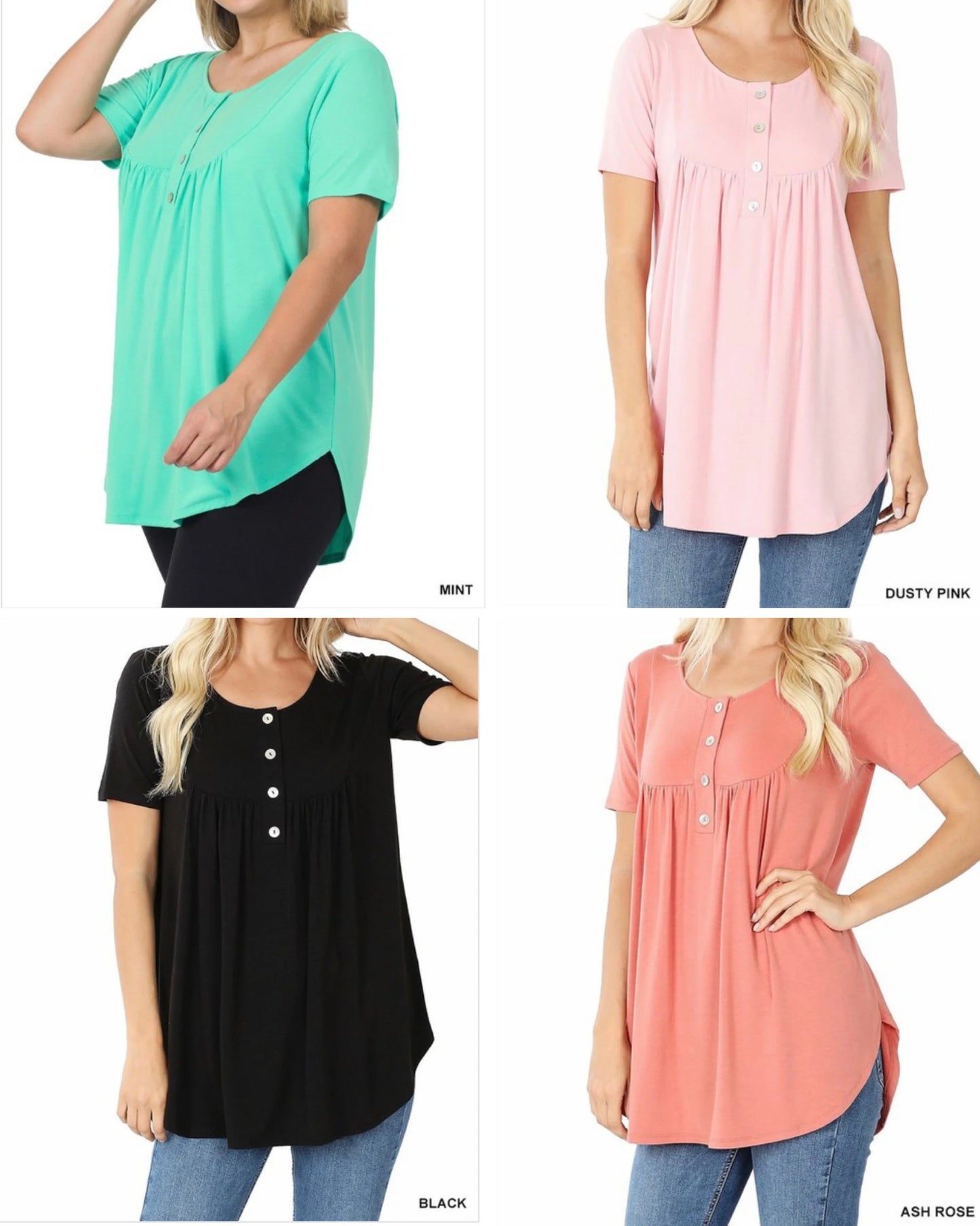 ZENANA PLUS SHORT SLEEVE DOLPHIN HEM SHELL BUTTON TOP