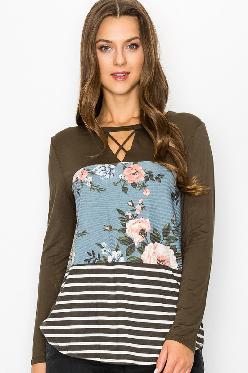 Front Keyhole Floral Striped Top