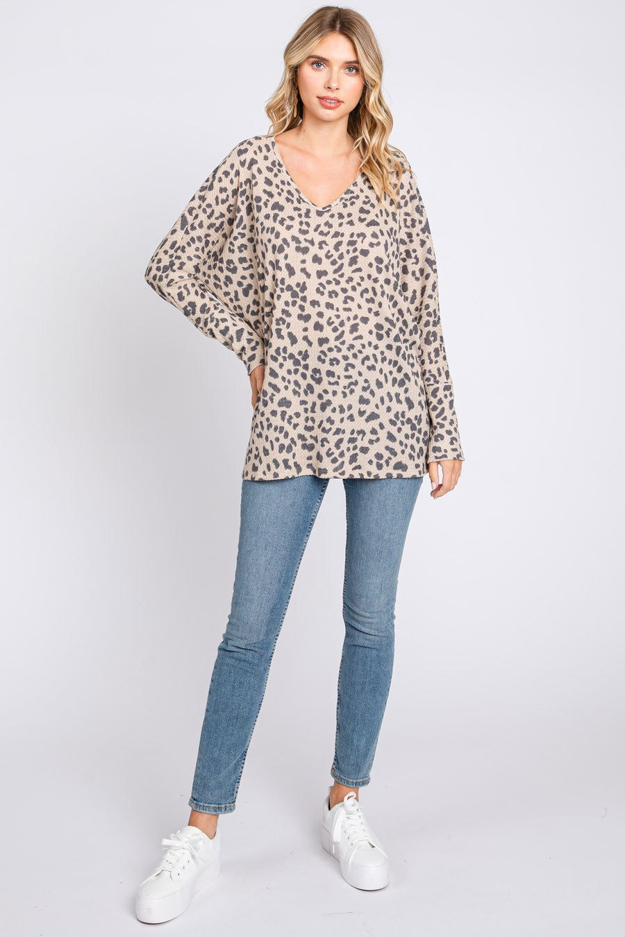 Leopard Print Waffle V-neck Loose Top