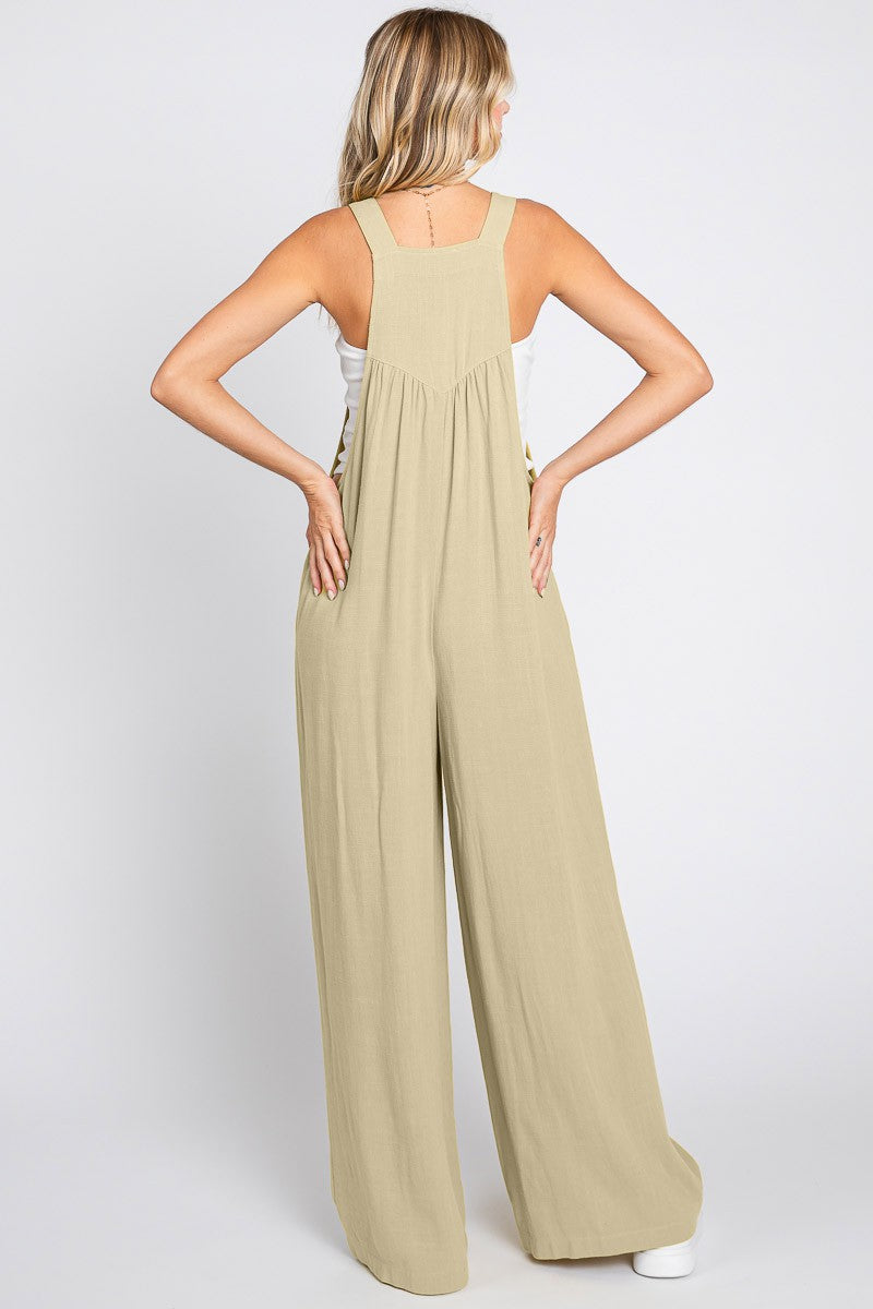 Plus Solid Button Sling Wide-leg Overall Jumpsuit