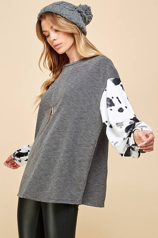 COW PRINT BLOCK LONG SLEEVE TOP