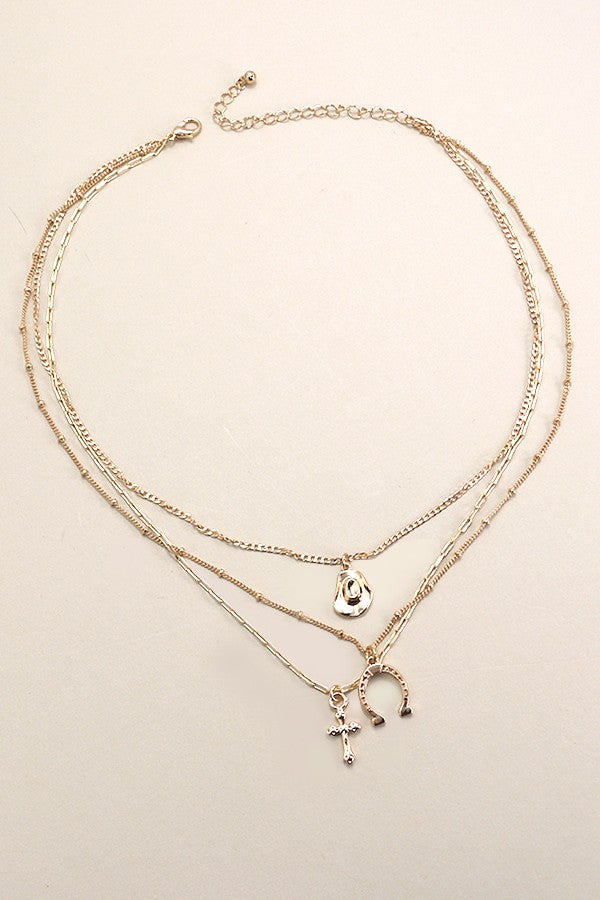 Trio Horseshoe Hat Cross Charm Necklace