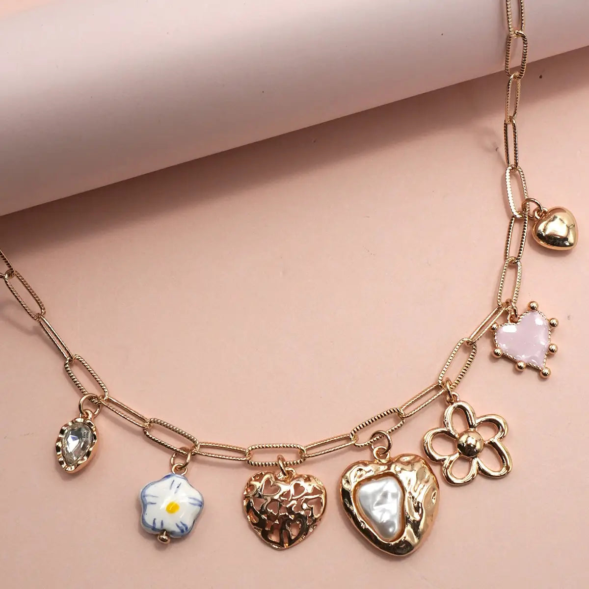 Charm Necklace Porcelain Heart Flower Charm