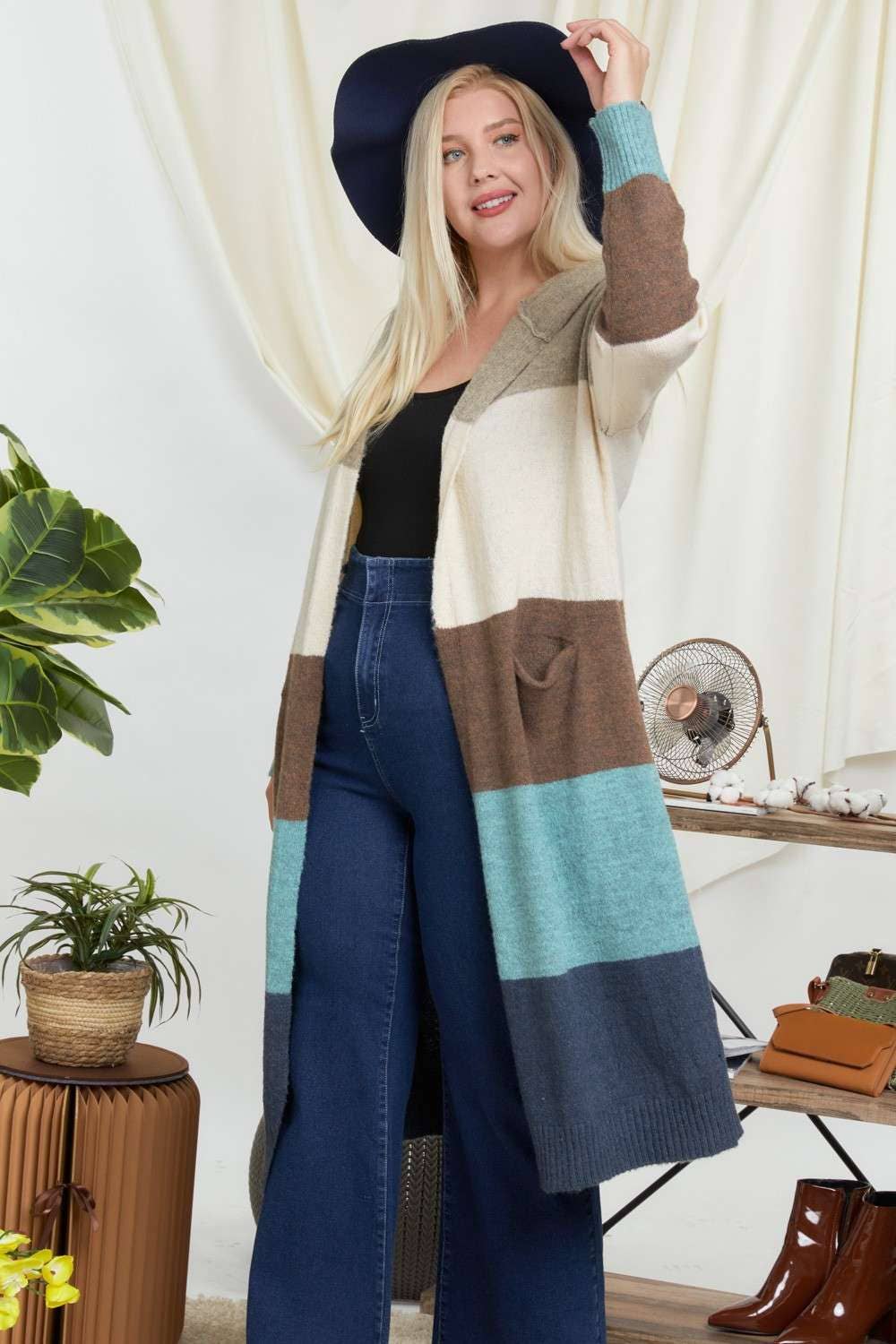 COLOR BLOCK HOODIE OPEN CARDIGAN