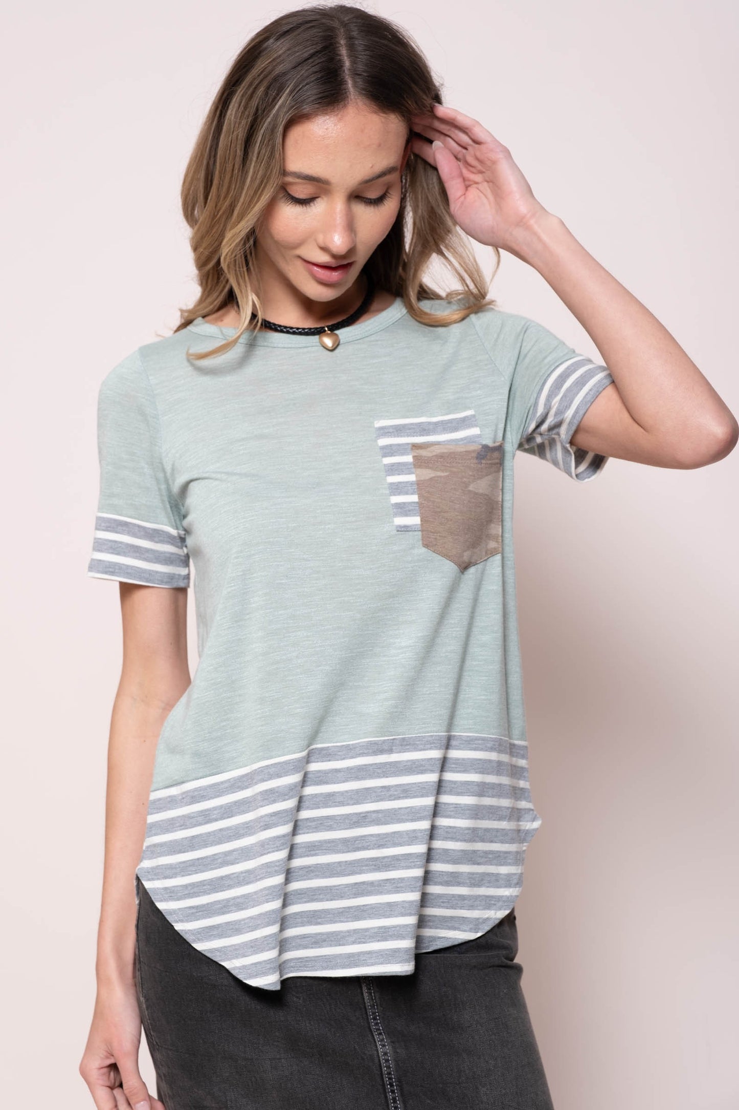 Casual Stripe Pocket Sleeve Top