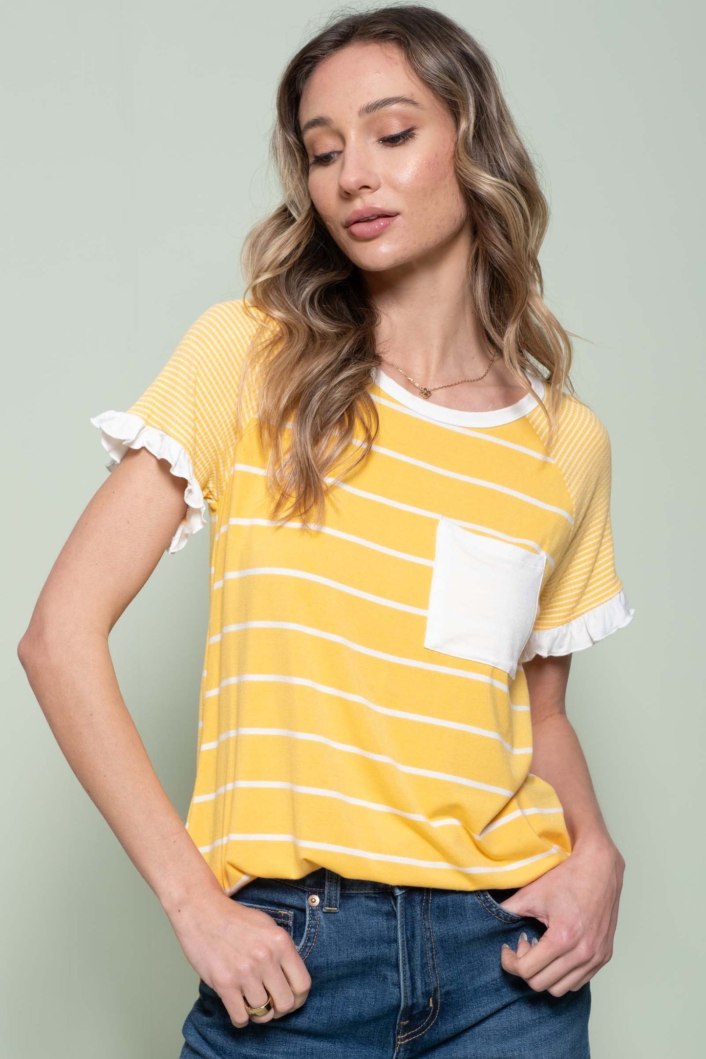Stripe Mix Pocket Detail Top