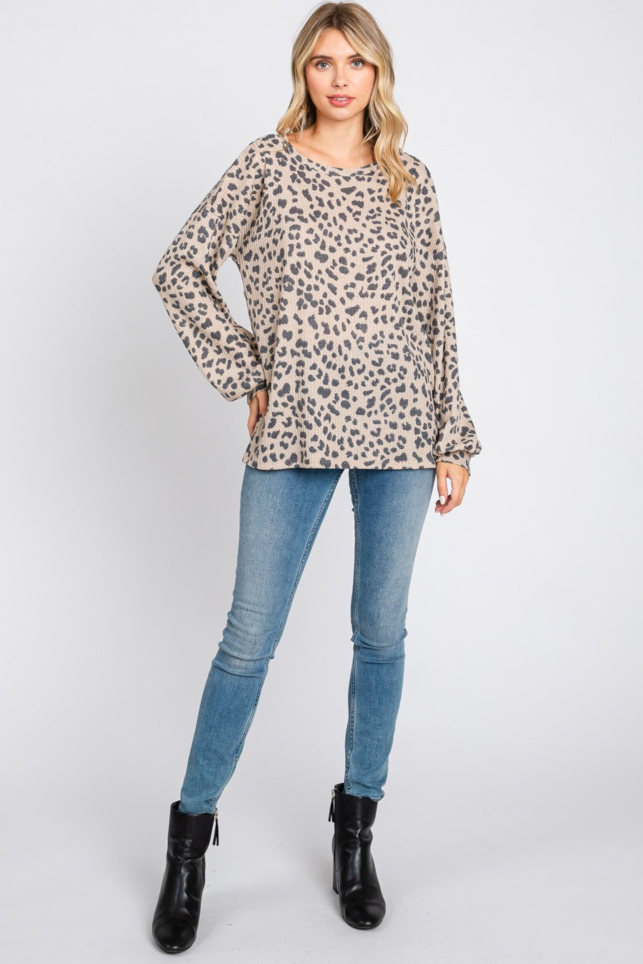 Leopard Waffle Bubble Sleeve Tunic