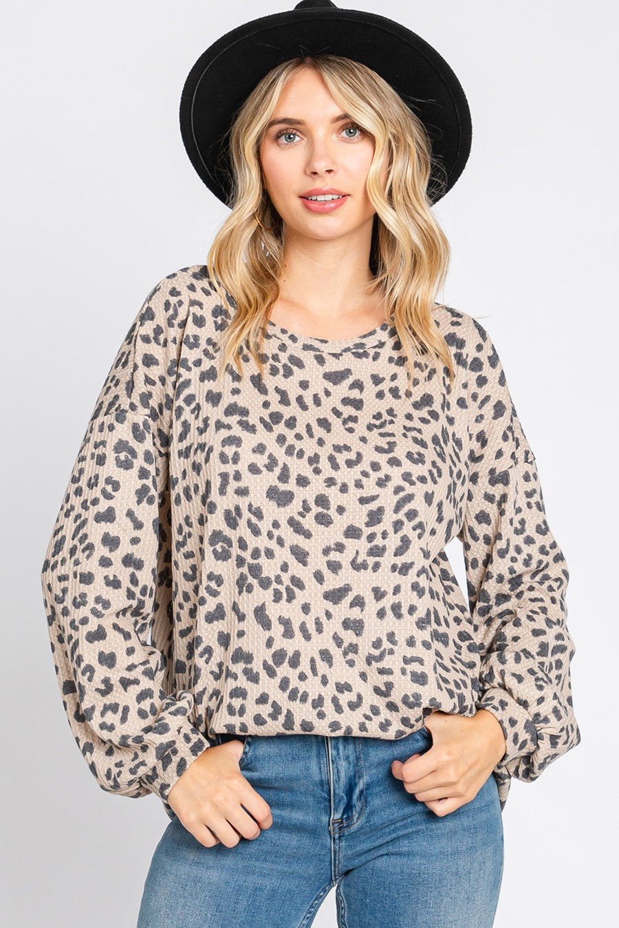 Leopard Waffle Bubble Sleeve Tunic