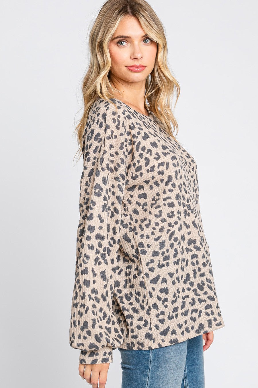 Leopard Waffle Bubble Sleeve Tunic